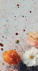 Pastel flowers and paint splatters on a textured background; peach, orange, and white blooms against a speckled, light grey surface