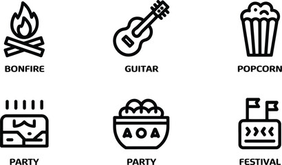 Fototapeta premium Illustration of bonfire, guitar, popcorn, party and festival icons on a light gray background