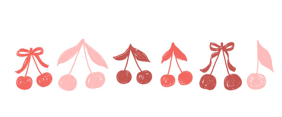 Cherry coquette silhouette crayon drawn set. REd, pink berries with bows and leaves doodle isolated on white background. Fruits grunge textured elements. Vector kid naive illustration by pencil.
