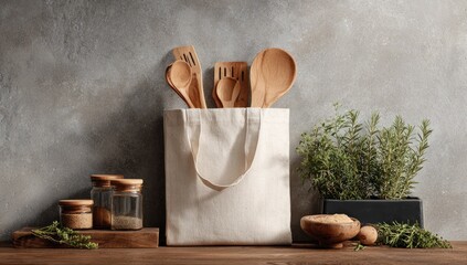A cream tote bag holds wooden cooking utensils; spices and herbs sit on a wooden surface against a textured wall