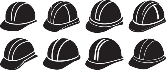 set of construction safety helmet silhouette, black and white silhouette, vector and illustration