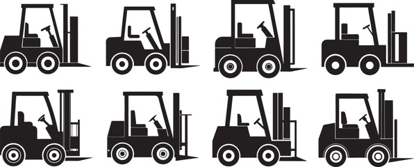 set of forklift machine silhouette, black and white silhouette, vector and illustration