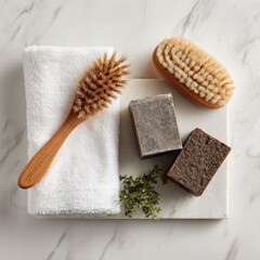 Flatlay of two dark grey soap bars, a wooden brush, a smaller wooden body brush, and a white towel on a marble surface, with a sprig of thyme