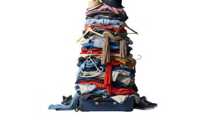 Precarious tower Clothes overflowing suitcase