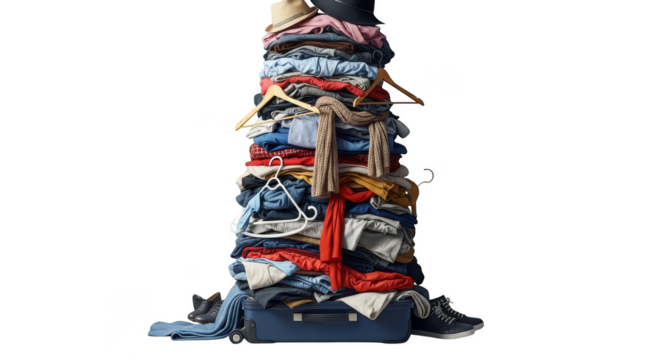 Precarious tower Clothes overflowing suitcase