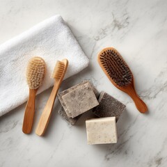 Flatlay of natural bath products two wooden brushes, a toothbrush, handmade soaps, and a white towel on marble