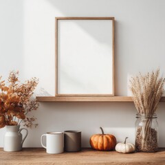 Minimalist autumnal scene a blank frame flanked by dried flowers and pumpkins on a wooden shelf against a white wall, bathed in sunlight
