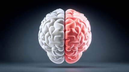 Brain is split in half, with the left half being red and the right half being white