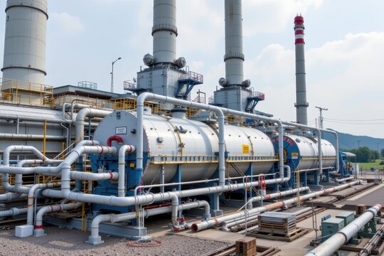 power plant flue gas desulfurization using limestone scrubbers, pipe system, labeled parts, industrial realism