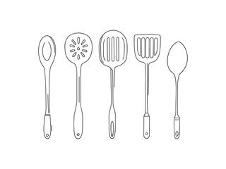 Hand drawn kitchen ladle utensil in black line style