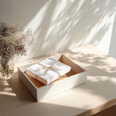 A light beige gift box with a beige ribbon sits inside a larger, similarly colored wooden tray on a light wood surface, bathed in soft sunlight
