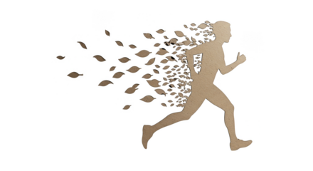 Running figure dissolving into motion shards