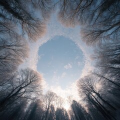 A circular sky gap amidst leafless trees, viewed from below, shows a pale blue sky with soft clouds and hints of sunlight. Frost coats the branches