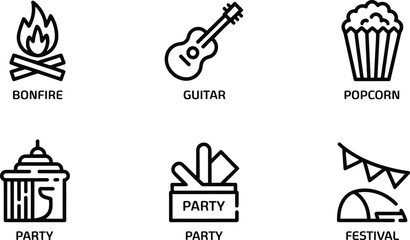 Collection of party and festival icons featuring bonfire, guitar, popcorn, cake, gifts, and tent drawing