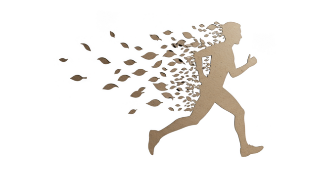 Running figure dissolving into motion shards