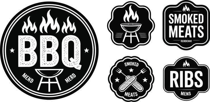A collection of black and white bbq and smoked meat logos with flames and various shapes and fonts