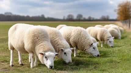 Fototapeta premium Sheep enjoy fresh green grass on an English farm field beneath a clear blue sky and fluffy white clouds during springtime