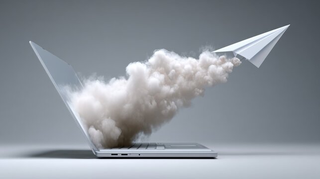 Laptop is opened to reveal a white paper airplane flying through a cloud of smoke. Concept of creativity and imagination, as the paper airplane represents the idea of flight