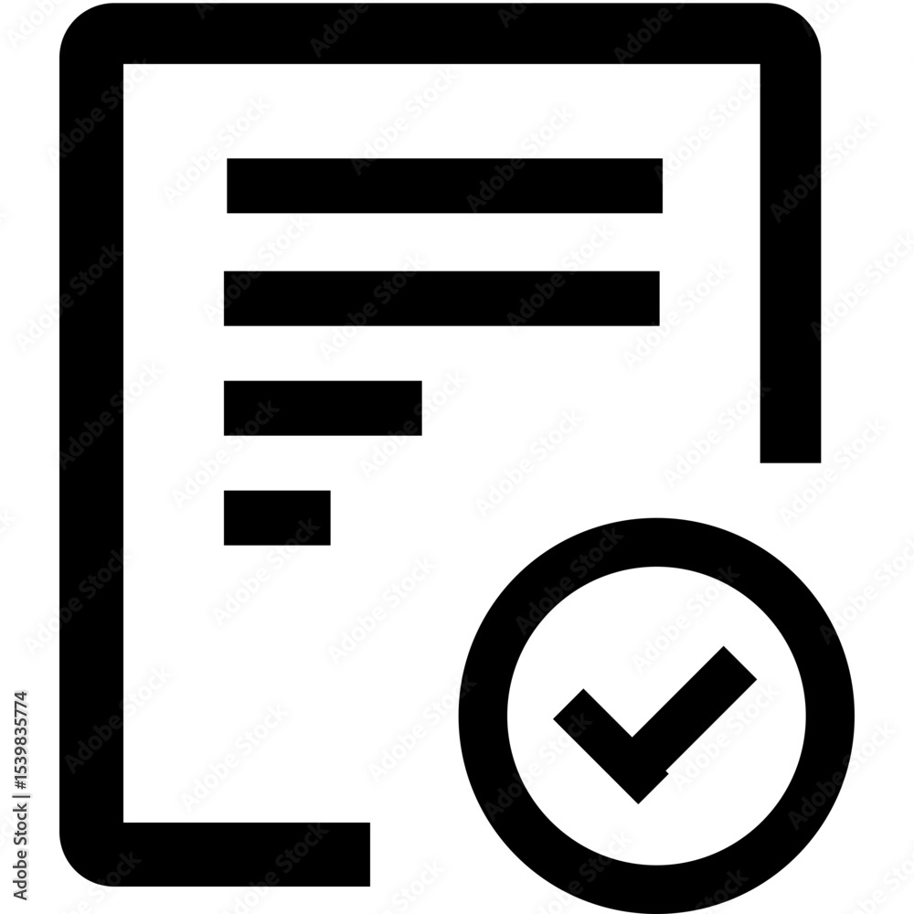 Poster document with checkmark icon representing a completed task or approved status in black and white sty