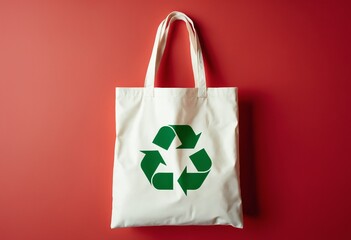Sustainable and ecologically conscious reusable tote bag featuring a recycling symbol on a red background