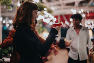 A joyful woman holds a cocktail glass in a festive, dimly lit social event setting, surrounded by...