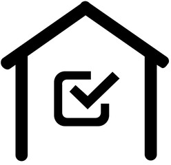 Black outline of a house with a check mark inside symbolizing property inspection and approval process