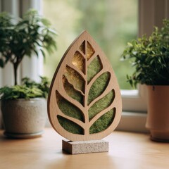 Illuminated leaf-shaped wooden d?cor with moss accents, standing on a small stone base, sits on a wooden surface near potted plants by a window