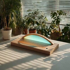 Wooden base supports arched light panel, emitting a gradient of pastel hues.  Surrounded by houseplants, sunlight streams through blinds
