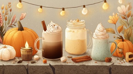 Autumnal Drinks and Pumpkins on Rustic Tabletop