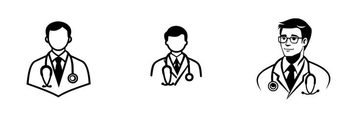 Fototapeta premium Set of black icons representing healthcare professionals with stethoscopes in various poses and styles for medical purposes