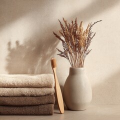 Sunlit beige wall, stack of neutral-toned towels, wooden toothbrush, dried flowers in a light grey vase