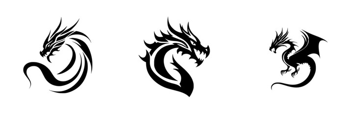 Set of three black dragon icons showcasing unique designs and styles for creative projects