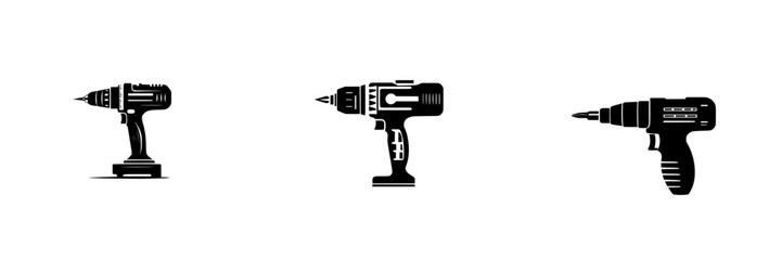 Black icons of various drill designs showcasing versatility and functionality in tools for construction and DIY projects