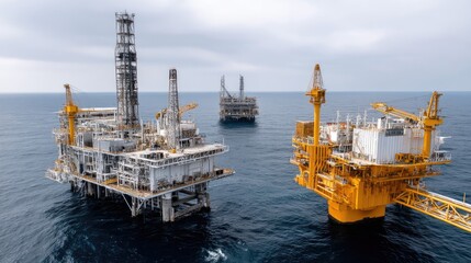 Fototapeta premium Oil production buildings on a platform in the sea highlight energy industry operations against a clear blue sky backdrop