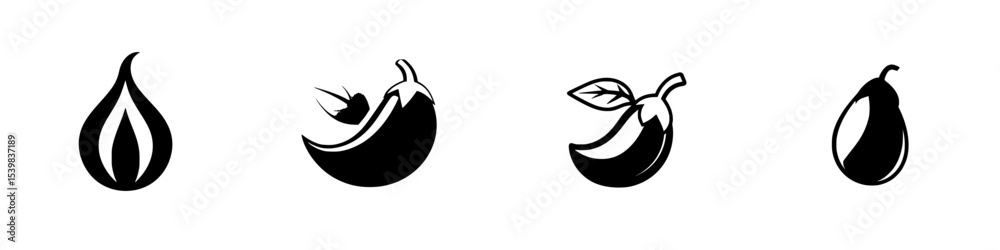 Poster set of black icons representing various vegetables in a minimalist style for use in digital design p