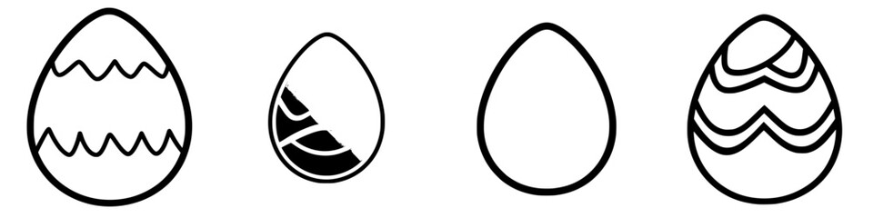 Set of four black icons representing decorated Easter eggs displaying various designs and patterns for festive purposes