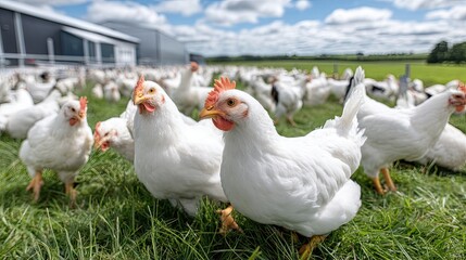 Fototapeta premium A flock of lively white chickens pecking at the lush green grass on a bright sunny day, showcasing their cheerful movements