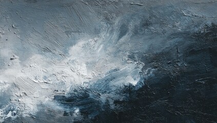 Impasto abstract painting in shades of gray and blue, depicting a turbulent, possibly stormy, seascape or landscape.  Thick brushstrokes create texture and movement