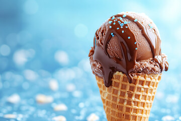 Appetizing chocolate ice cream in a waffle cone on a blue blurred background. Generated by artificial intelligence
