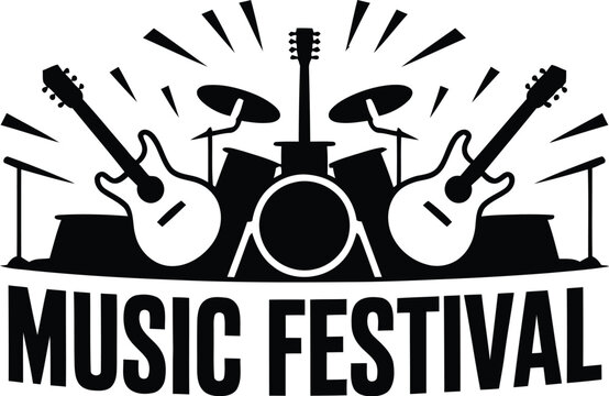 A black and white logo featuring two guitars and a drum set with music festival written underneath it all