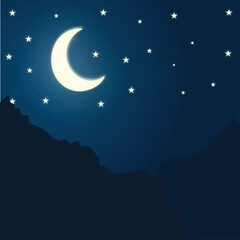 Fototapeta premium Silhouetted Mountains Under a Glowing Crescent Moon and Stars