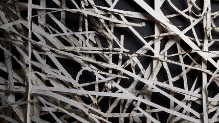 Abstract composition of white paper strips against a dark background creating a chaotic pattern