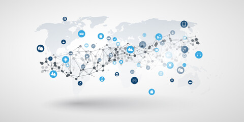 A vector graphic illustrating IoT and global connectivity. A world map is overlaid with a network of nodes and icons representing smart devices and services, suggesting an interconnected digital world