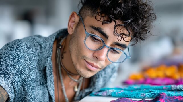 Man with curly hair and glasses is sitting at a table looking at something. Concept of focus and concentration as the man is deeply engaged in his task. The presence of the table