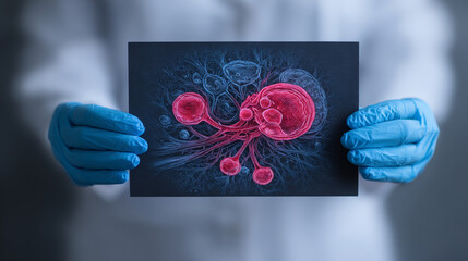 Person in gloves holds illustration of cell structure.