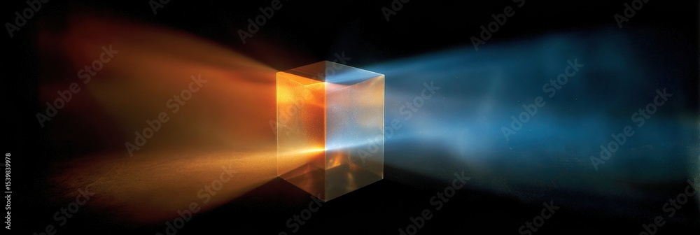Aufkleber spinning cube emerges from darkness revealing radiant light in a dynamic display of color and energy