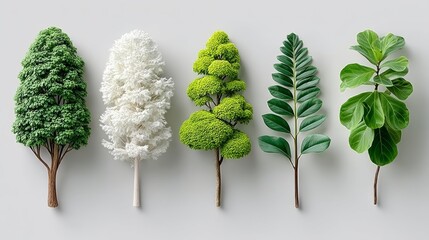 Row of five trees, each with a different leaf color, are arranged on a white background. The trees are all different sizes and shapes, with some being taller and thinner than others