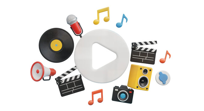 Vibrant 3D illustration showcasing a media and entertainment theme with a play button, microphone, speakers, film clapperboards, and music symbols.