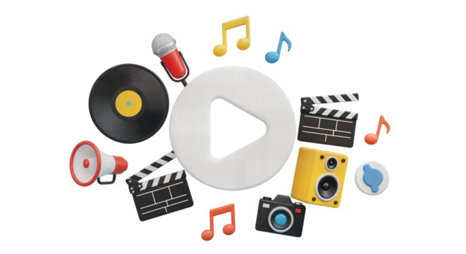 Vibrant 3D illustration showcasing a media and entertainment theme with a play button, microphone, speakers, film clapperboards, and music symbols.