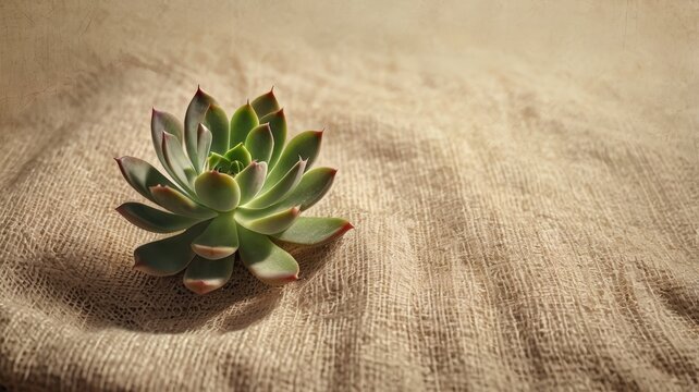 Emerald petals on burlap whisper of the desert, a tiny rosette basking in the studio's gentle morning light